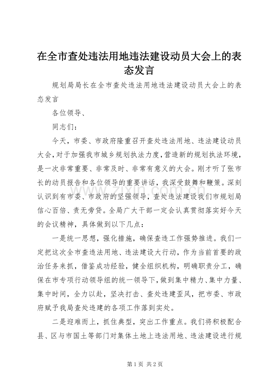 在全市查处违法用地违法建设动员大会上的表态发言.docx_第1页