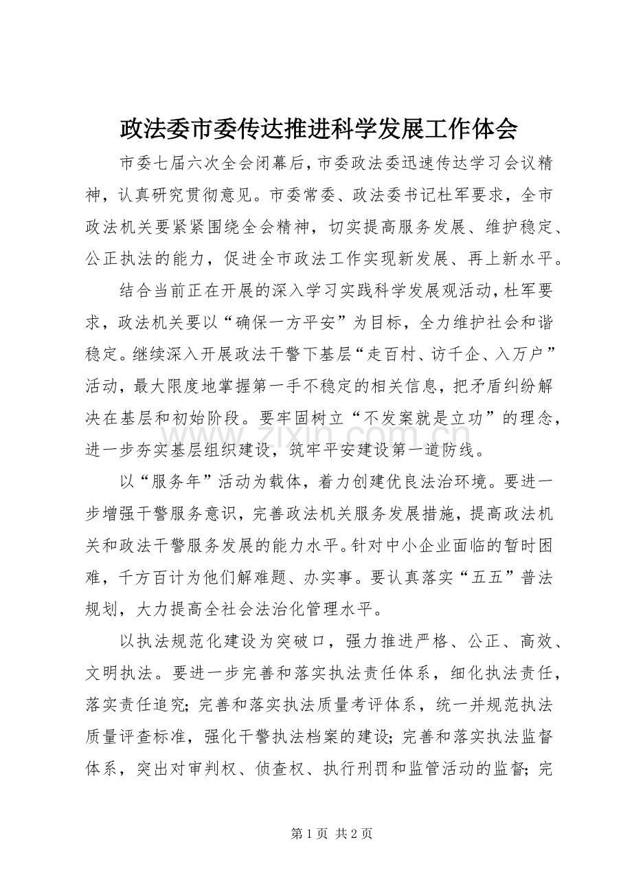 政法委市委传达推进科学发展工作体会.docx_第1页