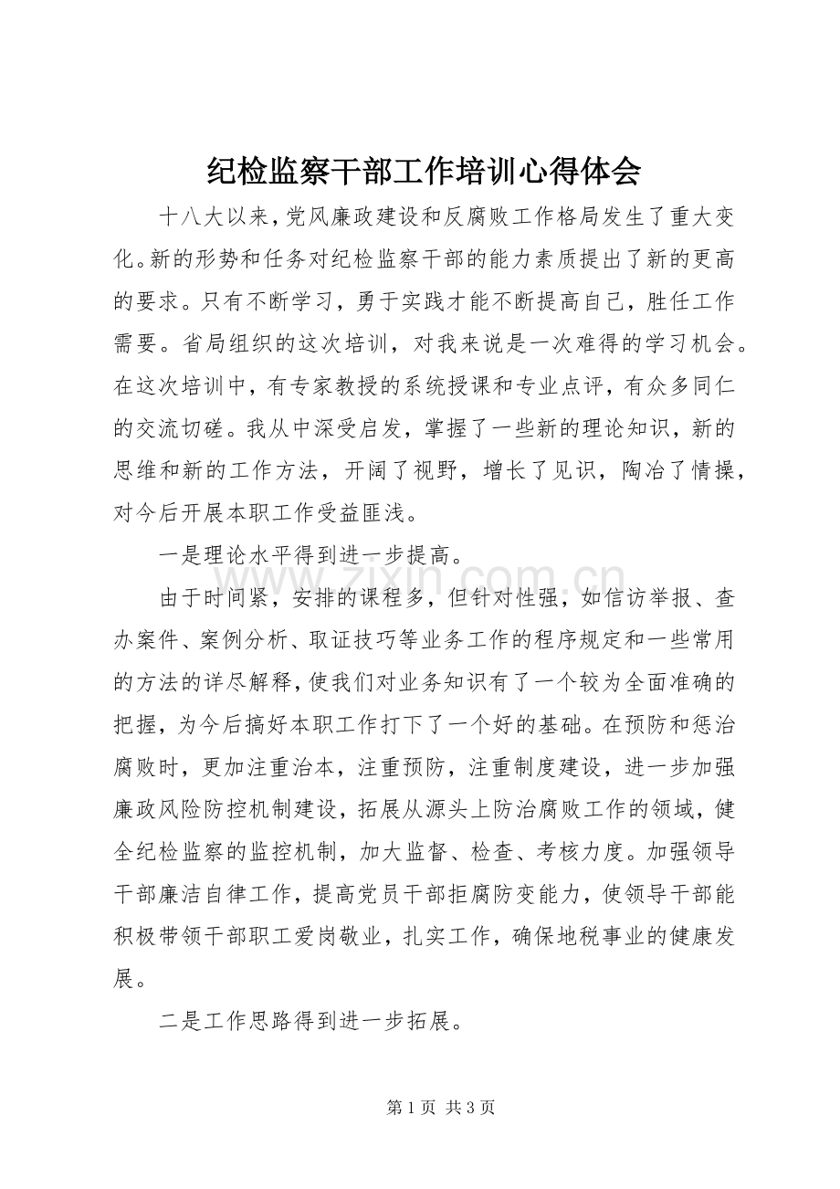 纪检监察干部工作培训心得体会.docx_第1页