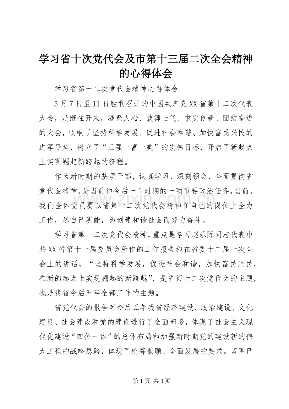 学习省十次党代会及市第十三届二次全会精神的心得体会.docx_第1页