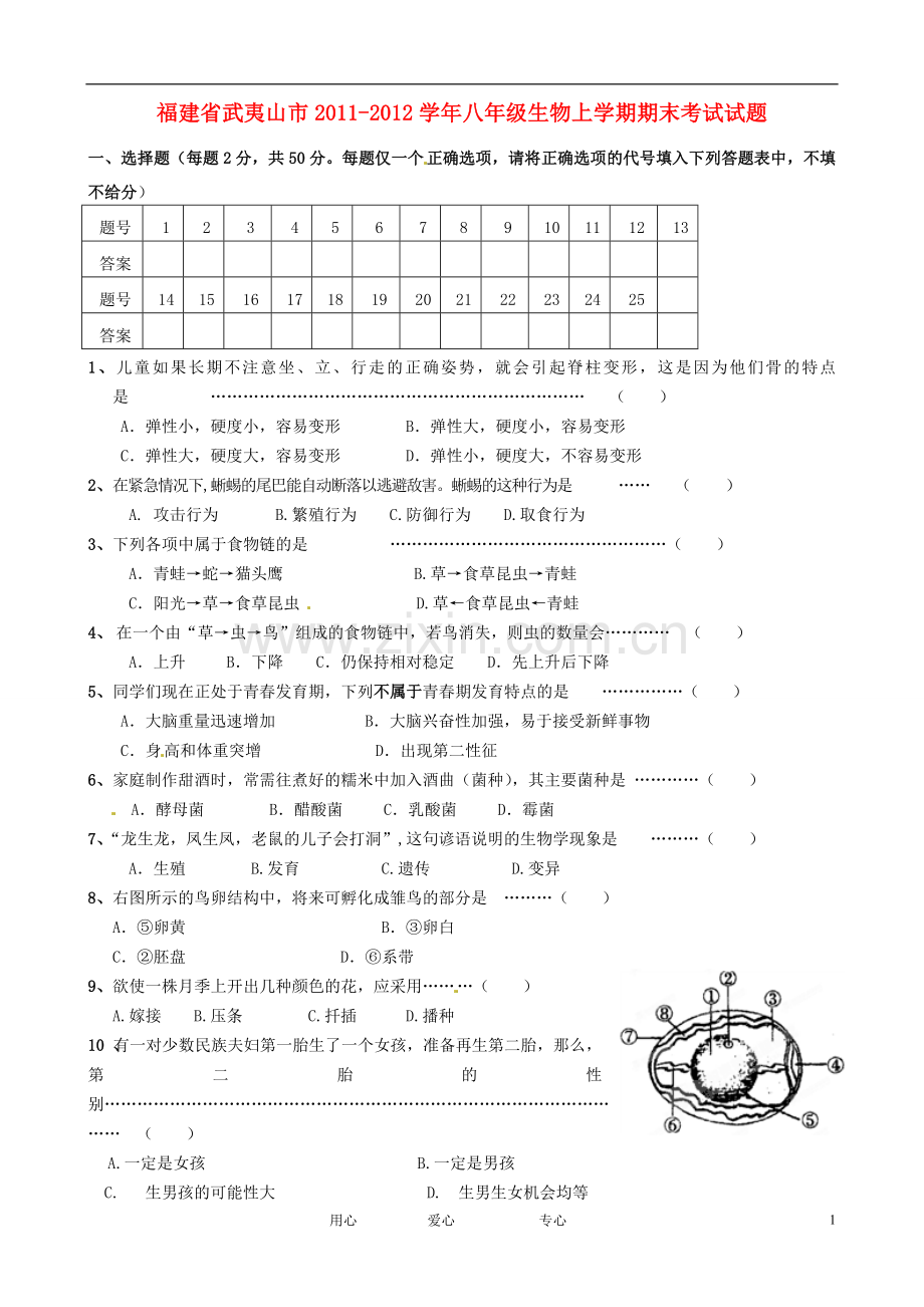 福建省武夷山市2011-2012学年八年级生物上学期期末考试试题.doc_第1页