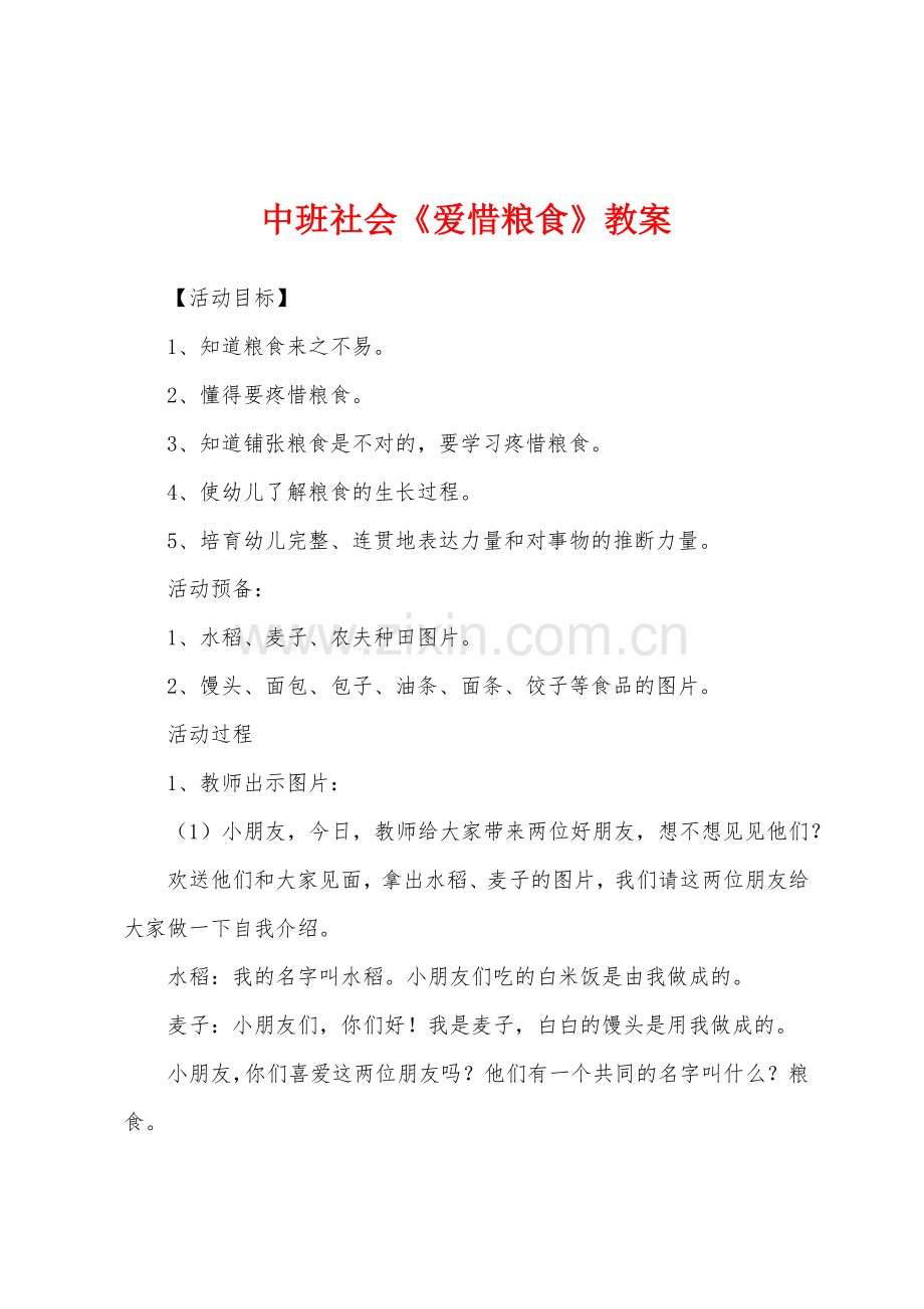 中班社会《爱惜粮食》教案.docx_第1页