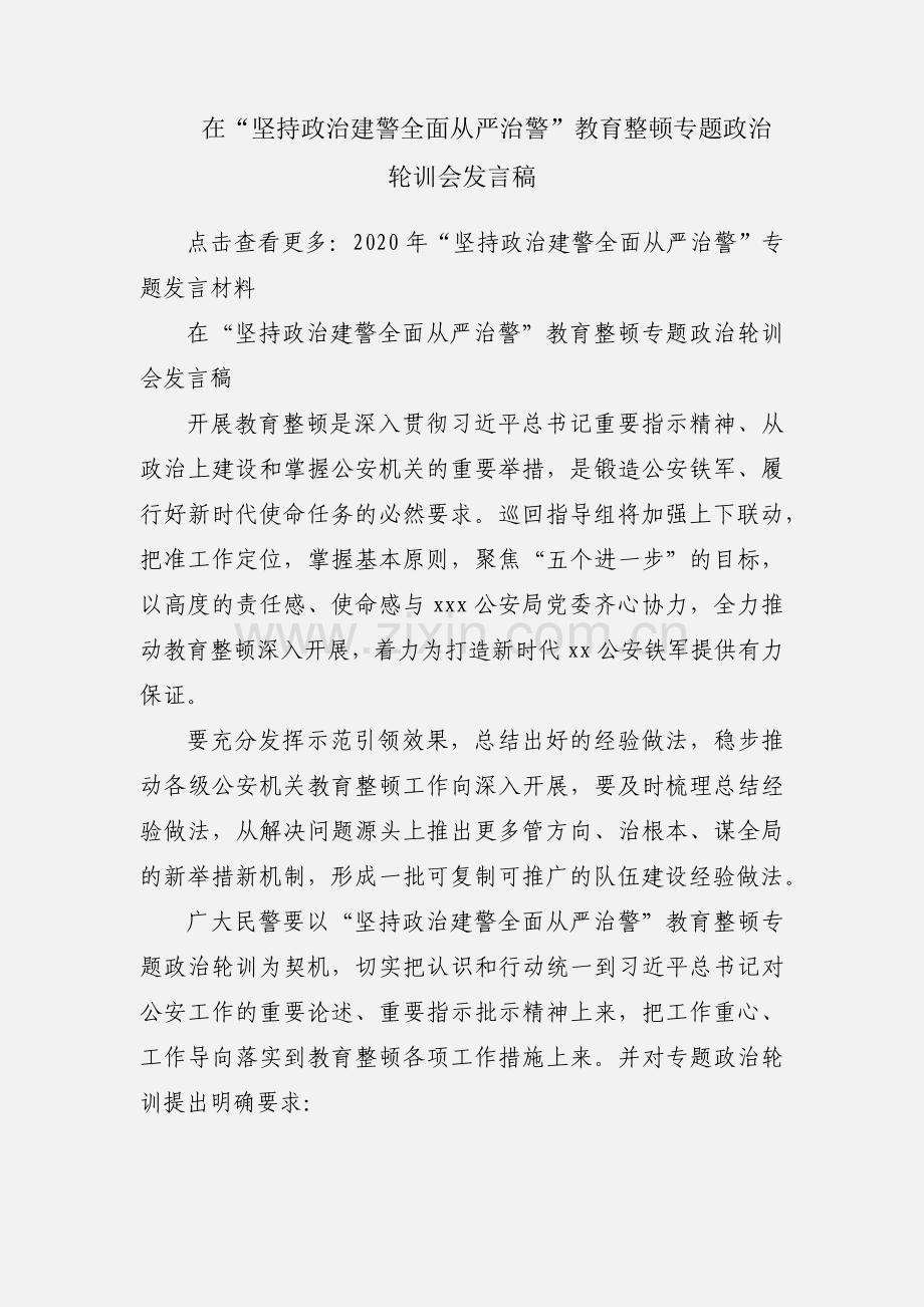 在“坚持政治建警全面从严治警”教育整顿专题政治轮训会发言稿.docx_第1页