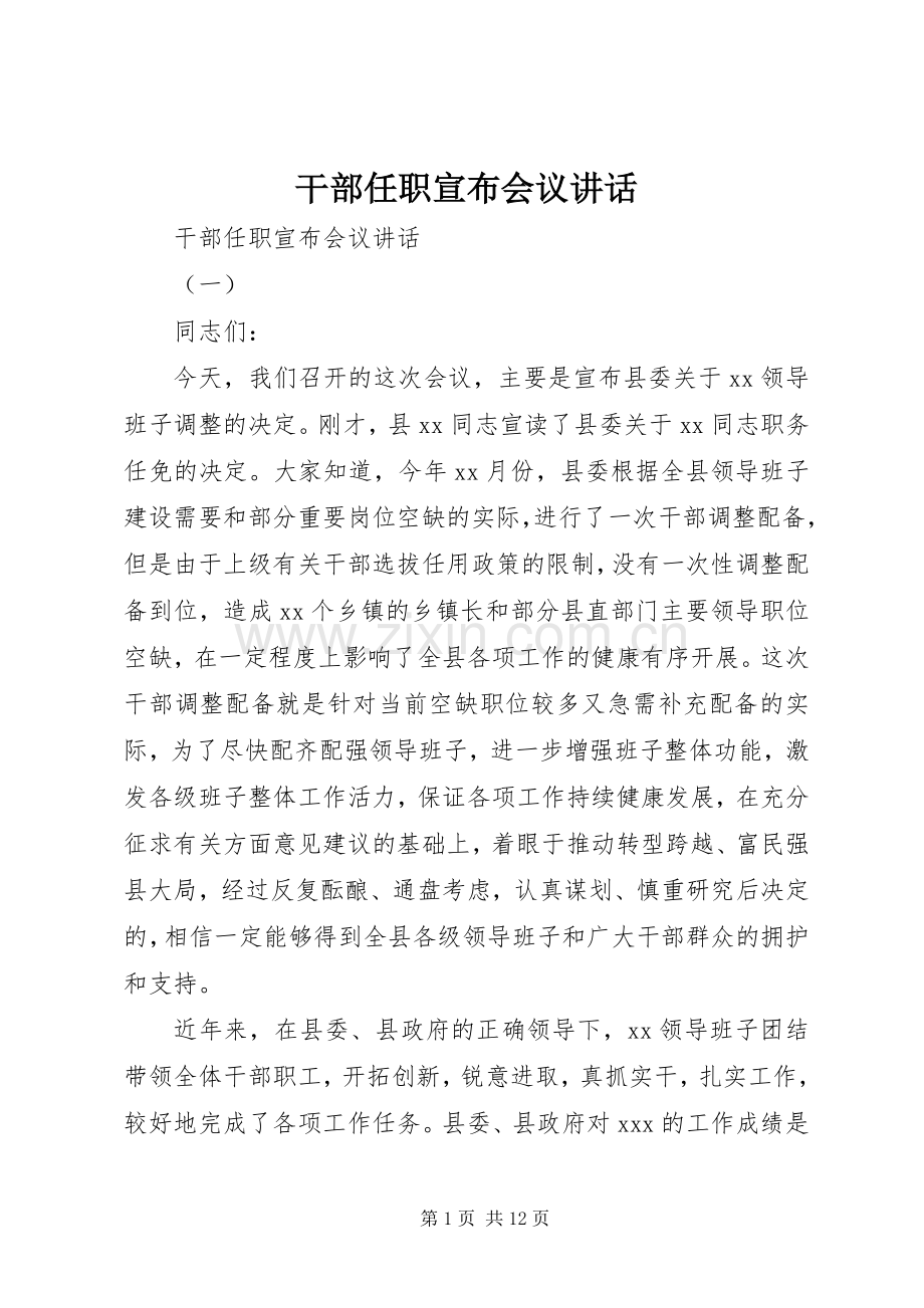 干部任职宣布会议讲话.docx_第1页