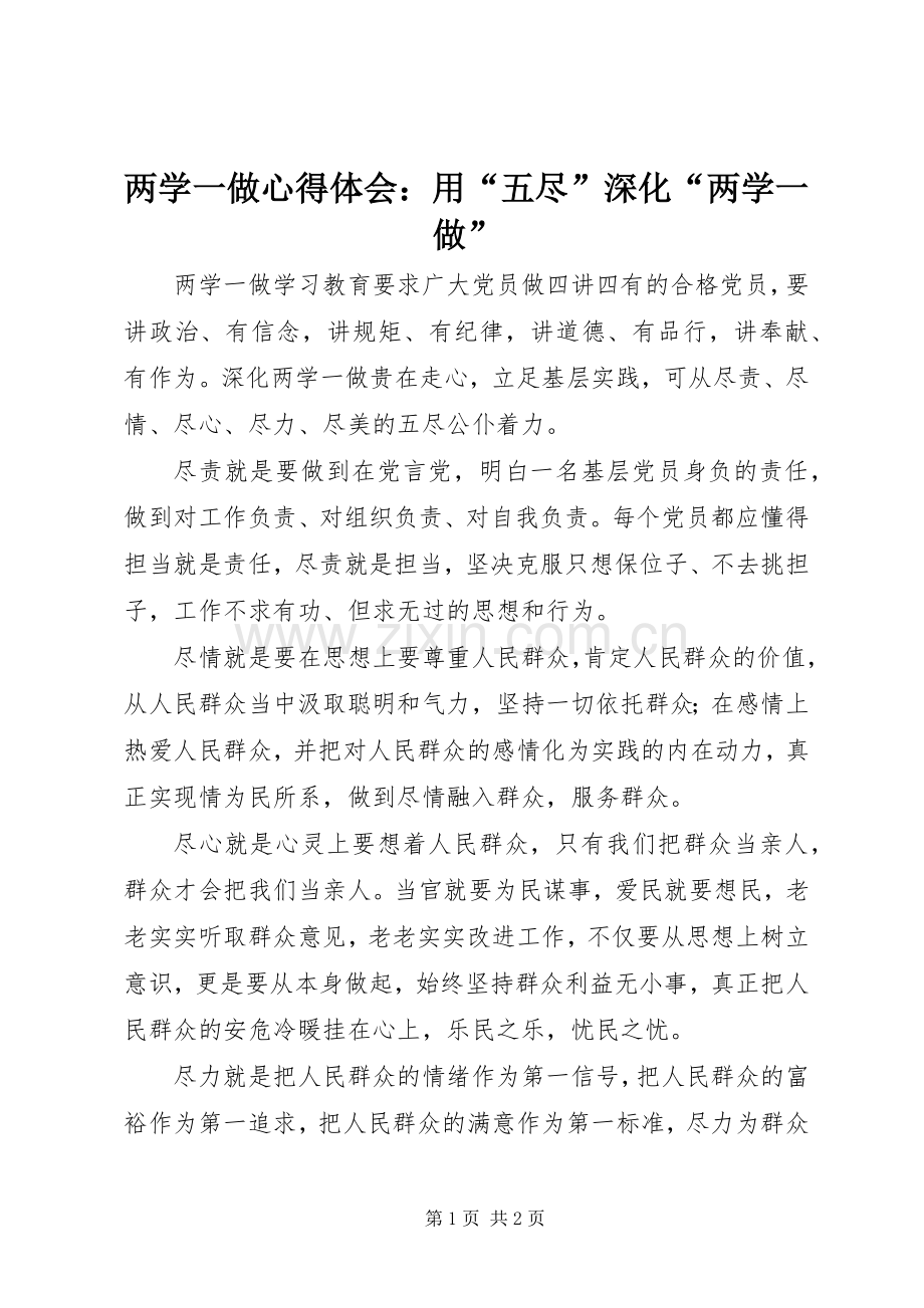 两学一做心得体会：用“五尽”深化“两学一做”.docx_第1页