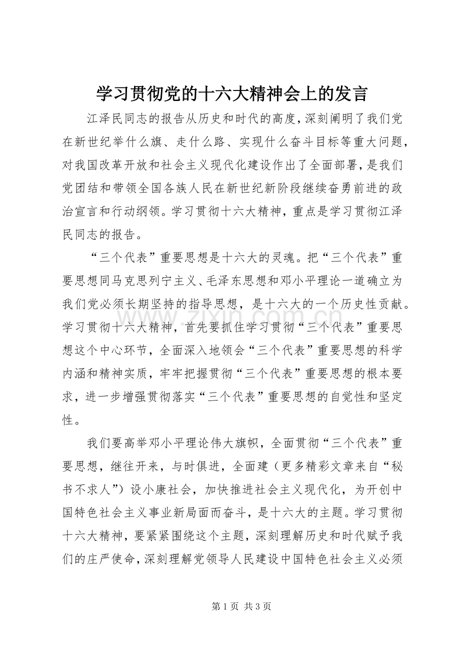 学习贯彻党的十六大精神会上的发言.docx_第1页