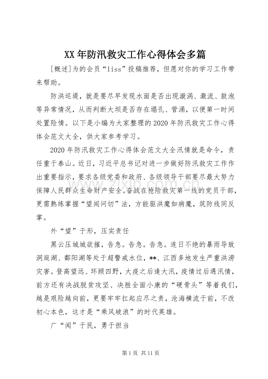 XX年防汛救灾工作心得体会多篇.docx_第1页