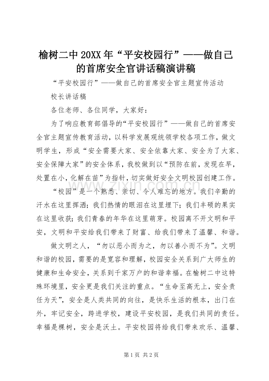 榆树二中20XX年“平安校园行”——做自己的首席安全官讲话稿演讲稿.docx_第1页