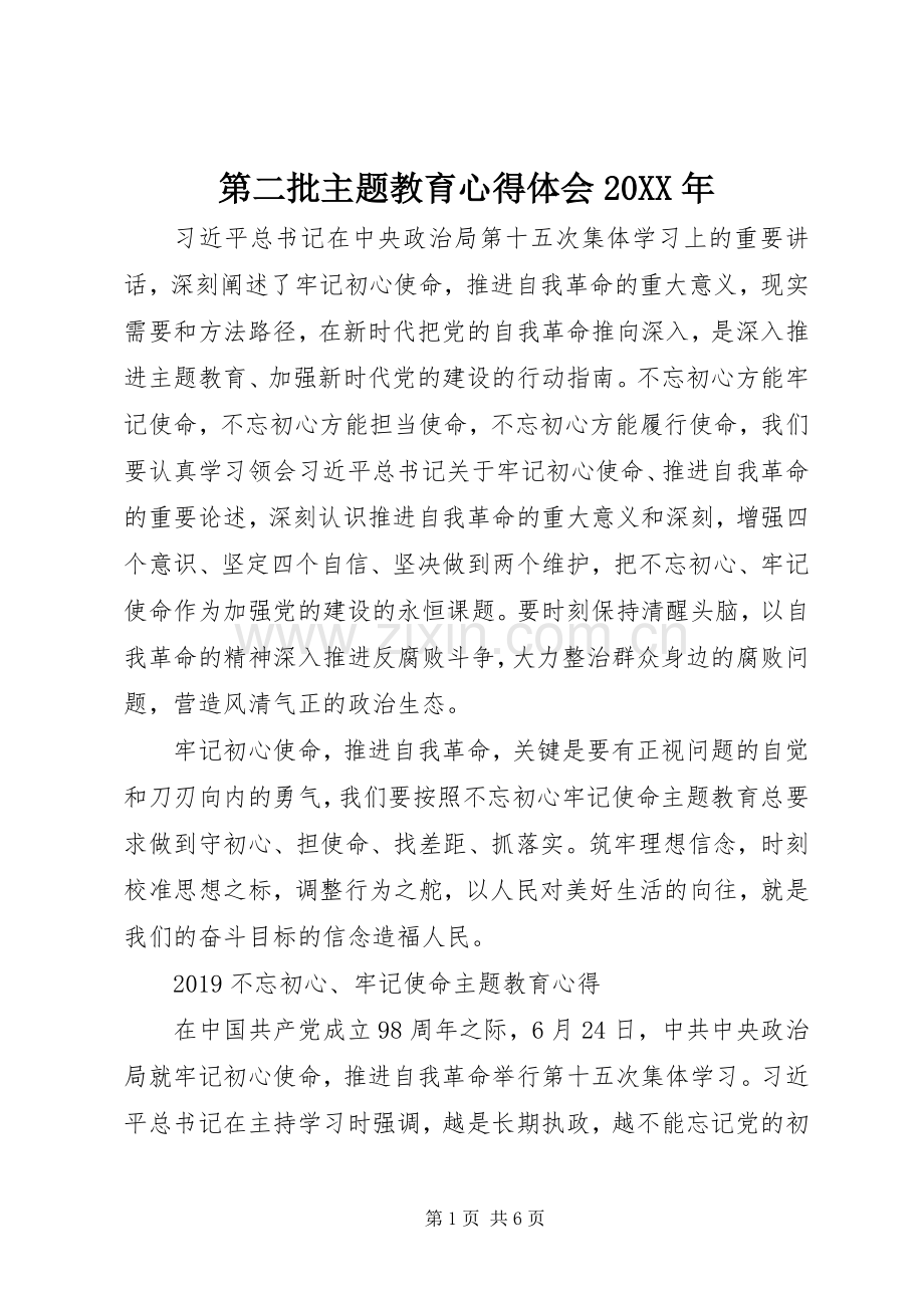 第二批主题教育心得体会20XX年.docx_第1页
