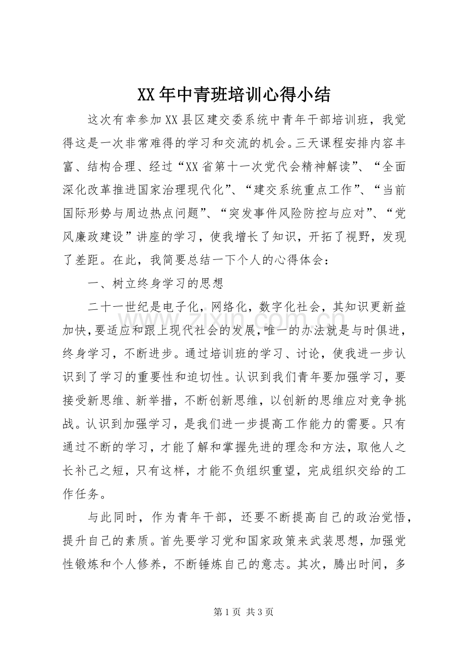 XX年中青班培训心得小结.docx_第1页