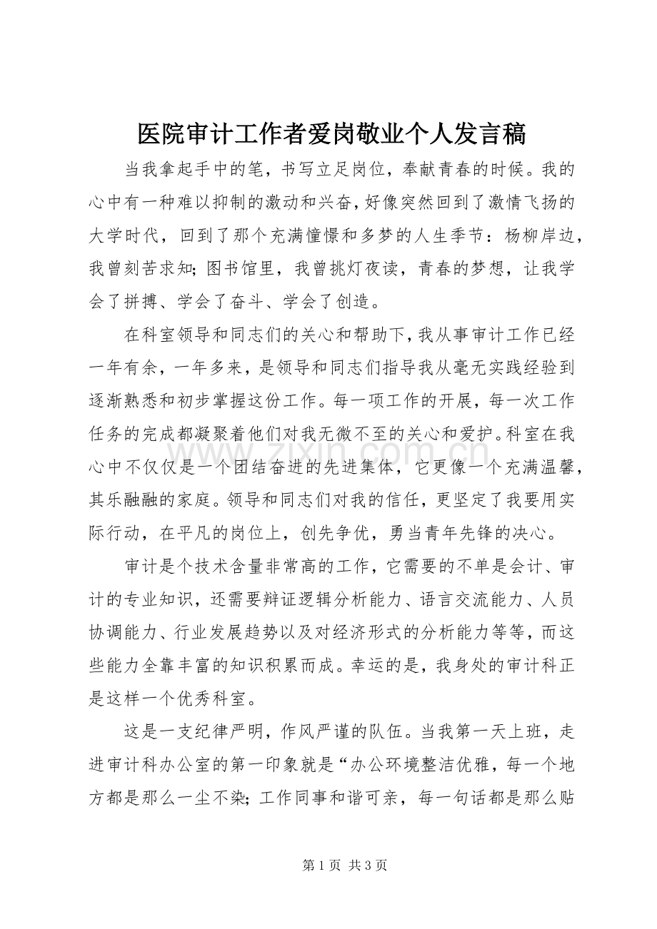 医院审计工作者爱岗敬业个人发言稿.docx_第1页