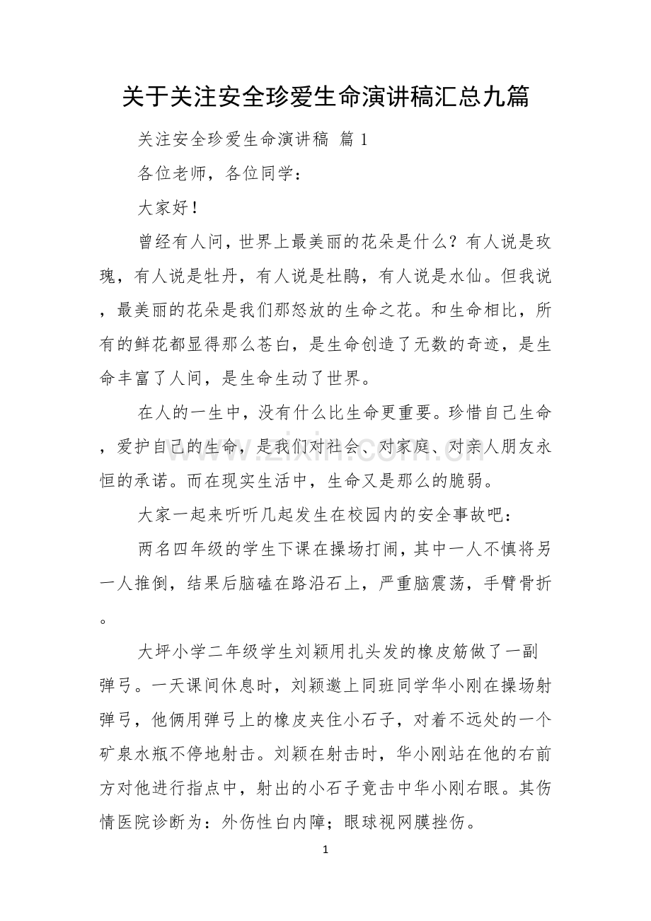 关于关注安全珍爱生命演讲稿汇总九篇.docx_第1页