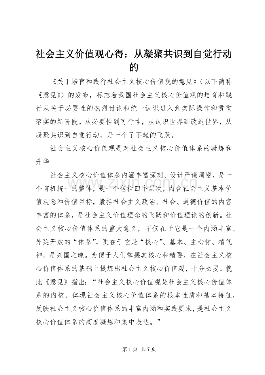 社会主义价值观心得：从凝聚共识到自觉行动的.docx_第1页
