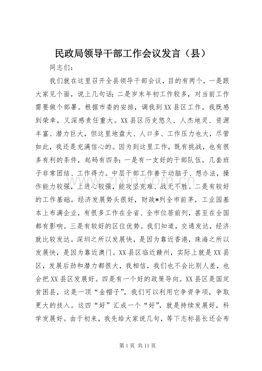 民政局领导干部工作会议发言（县）.docx_第1页