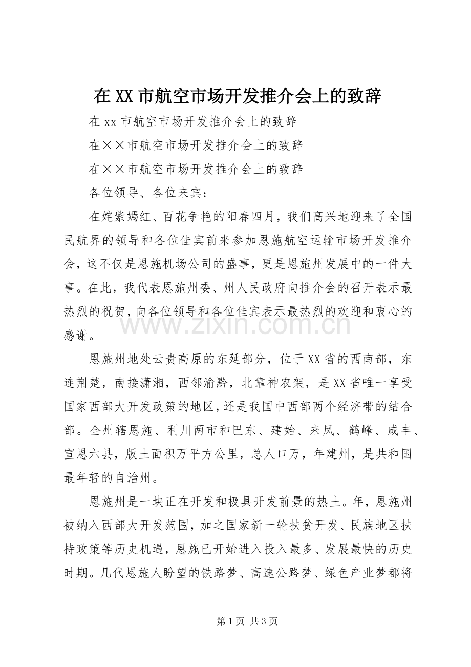 在XX市航空市场开发推介会上的致辞.docx_第1页