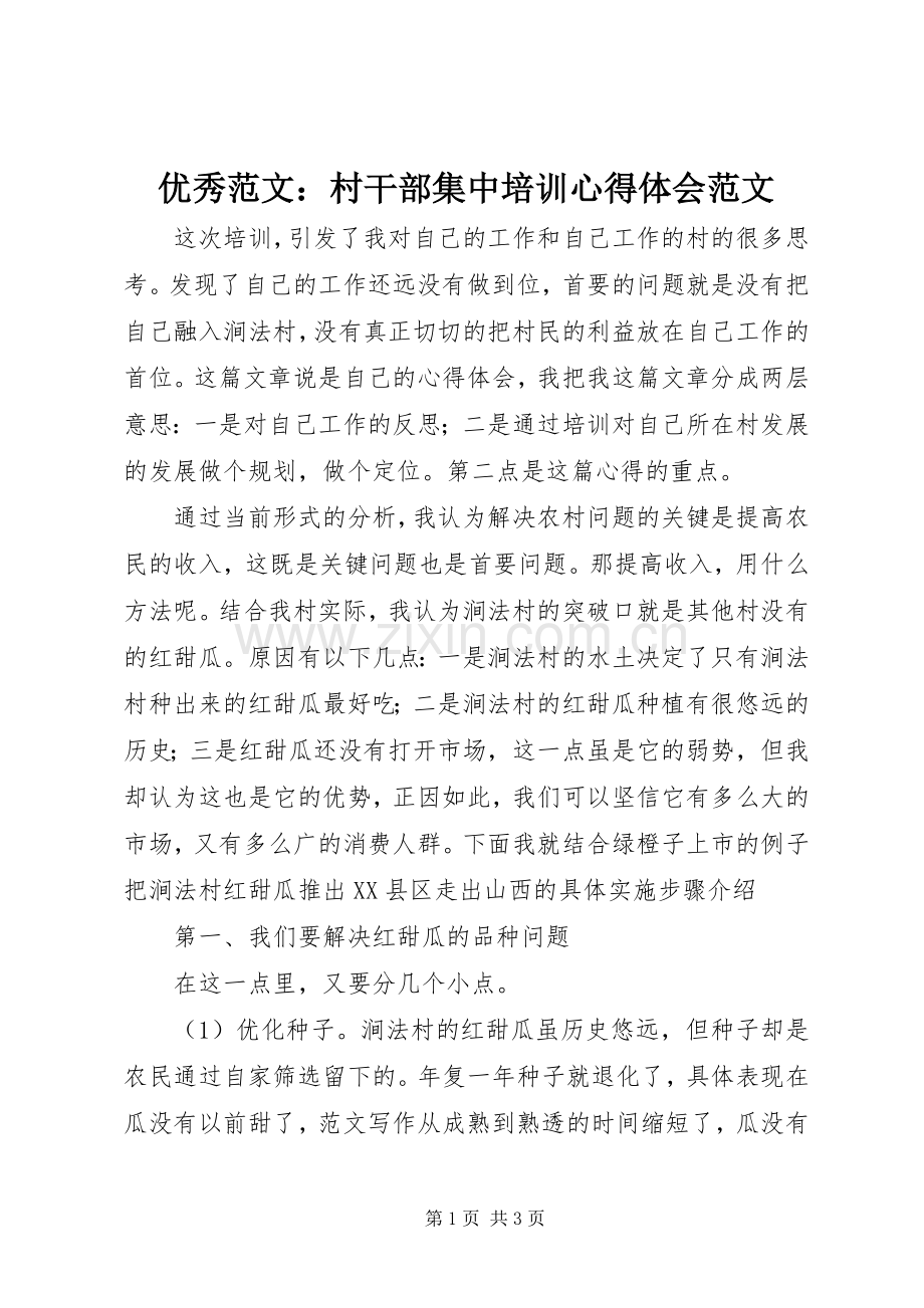 优秀范文：村干部集中培训心得体会范文.docx_第1页