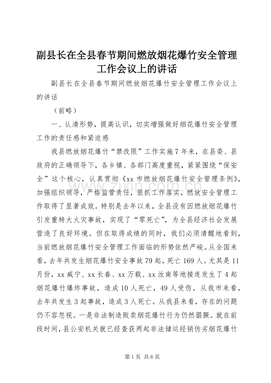 副县长在全县春节期间燃放烟花爆竹安全管理工作会议上的讲话.docx_第1页
