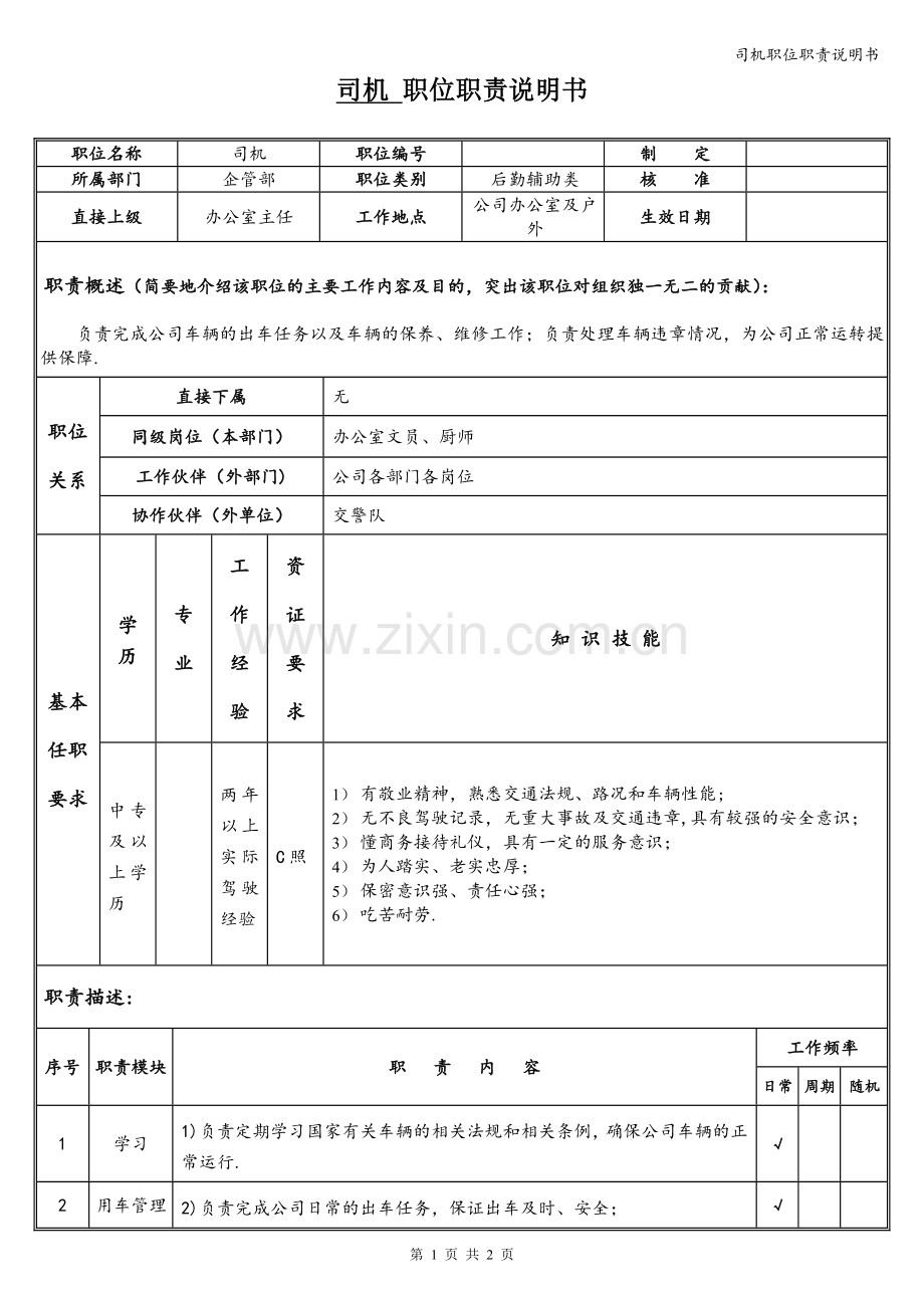 司机职位职责说明书.doc_第1页