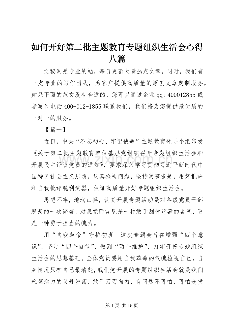 如何开好第二批主题教育专题组织生活会心得八篇.docx_第1页