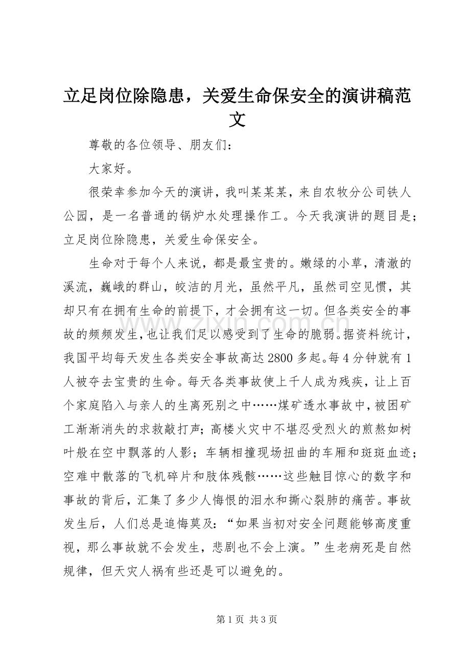 立足岗位除隐患关爱生命保安全的演讲稿范文.docx_第1页