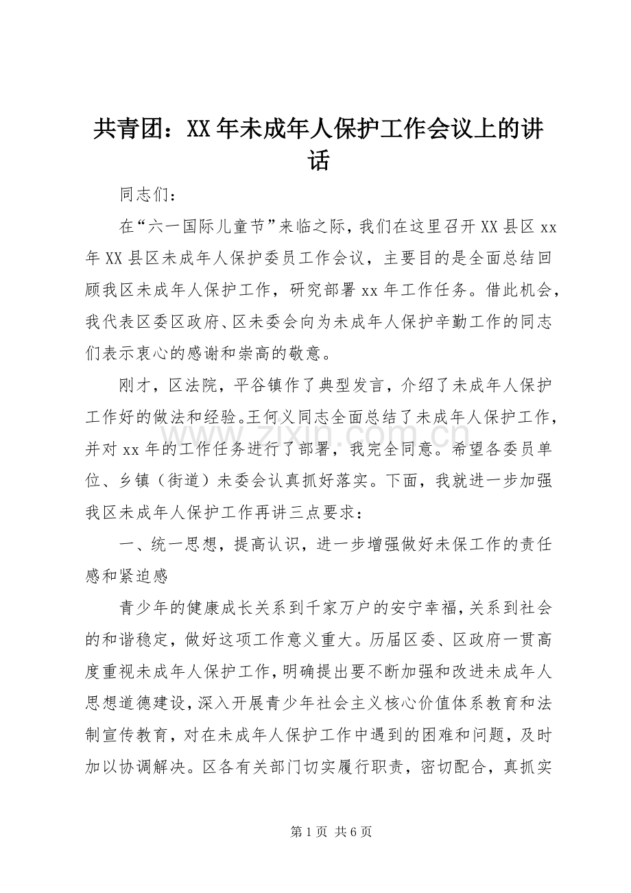 共青团：XX年未成年人保护工作会议上的讲话.docx_第1页