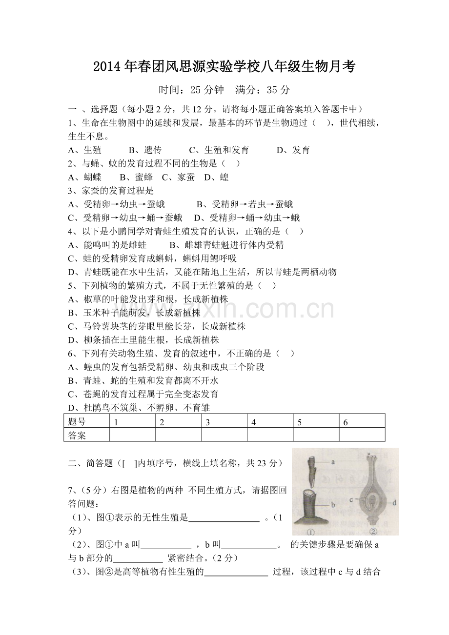 2014年春团风思源实验学校八年级生物月考2.doc_第1页