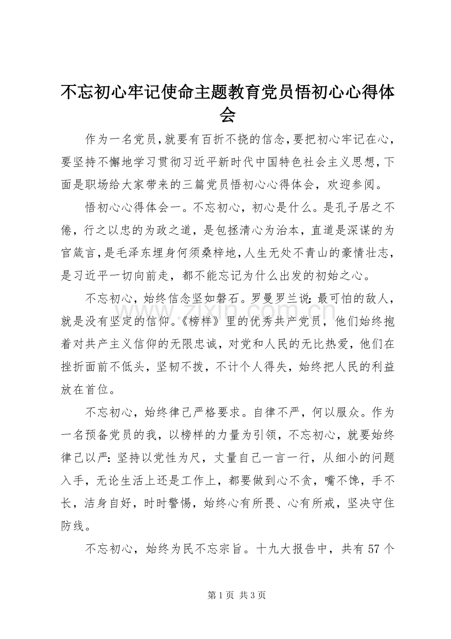 不忘初心牢记使命主题教育党员悟初心心得体会.docx_第1页
