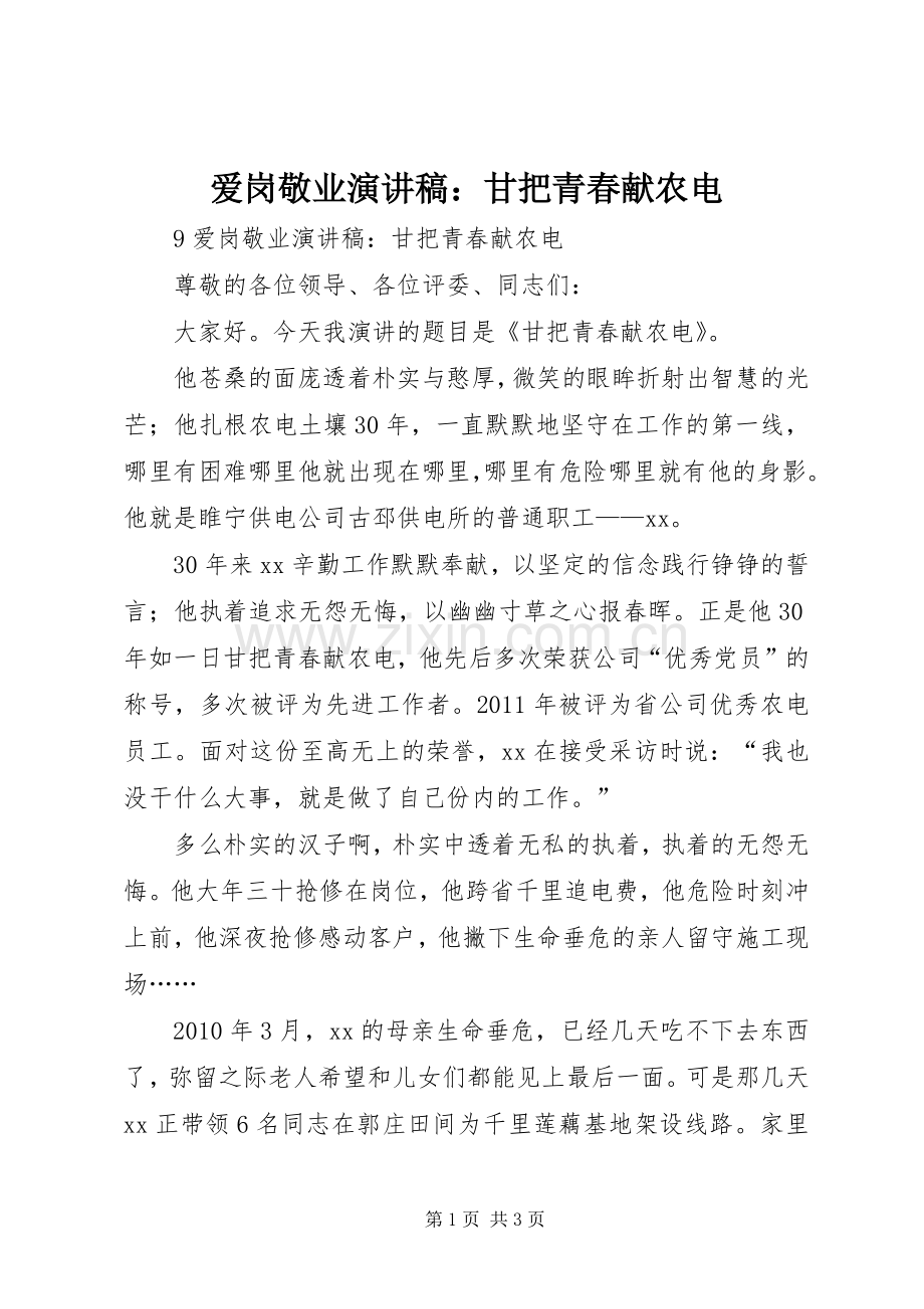 爱岗敬业演讲稿：甘把青春献农电.docx_第1页