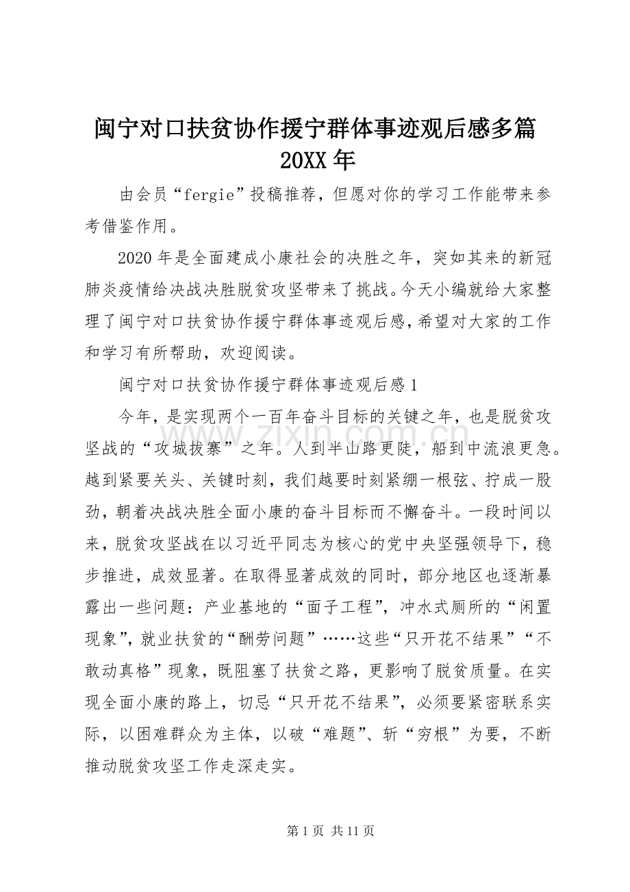 闽宁对口扶贫协作援宁群体事迹观后感多篇20XX年.docx_第1页