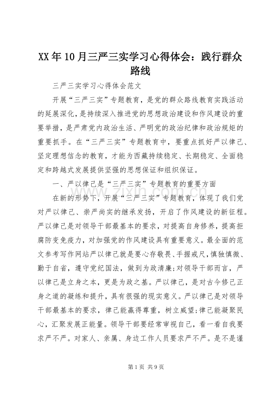 XX年10月三严三实学习心得体会：践行群众路线.docx_第1页