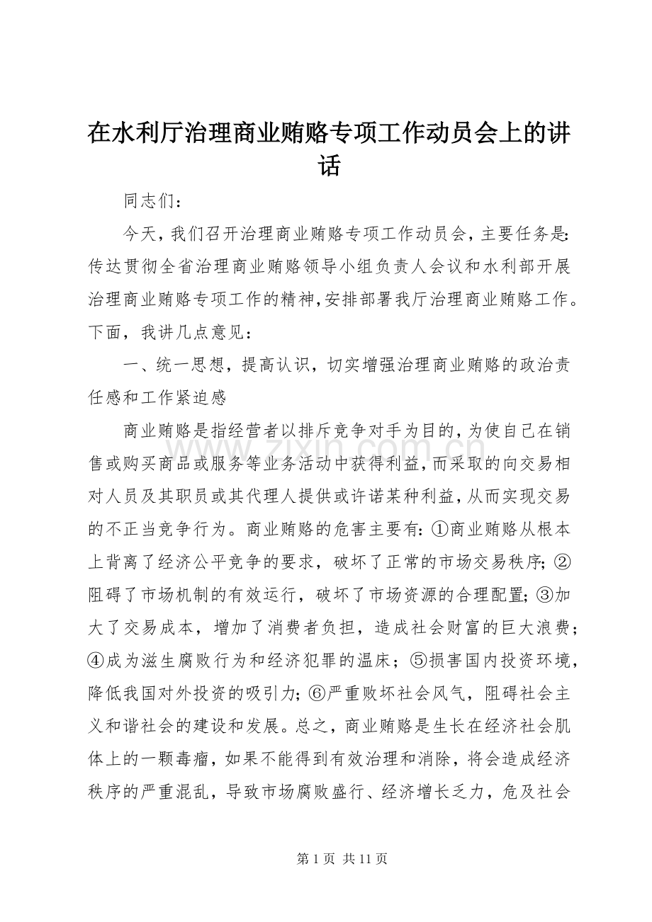 在水利厅治理商业贿赂专项工作动员会上的讲话.docx_第1页
