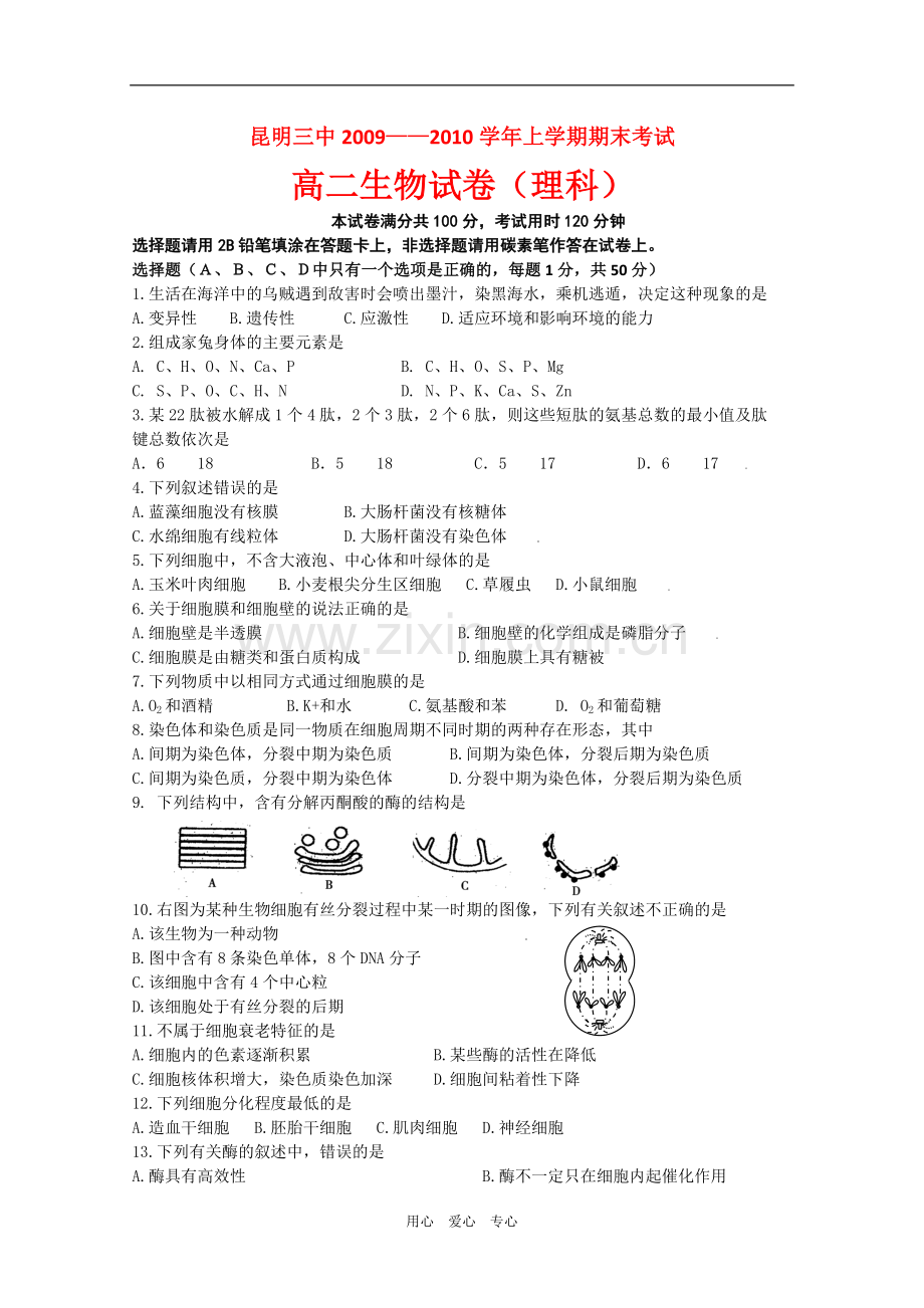 云南省昆明三中、滇池中学090学年高二生物上学期期末考试(理)人教版.doc_第1页