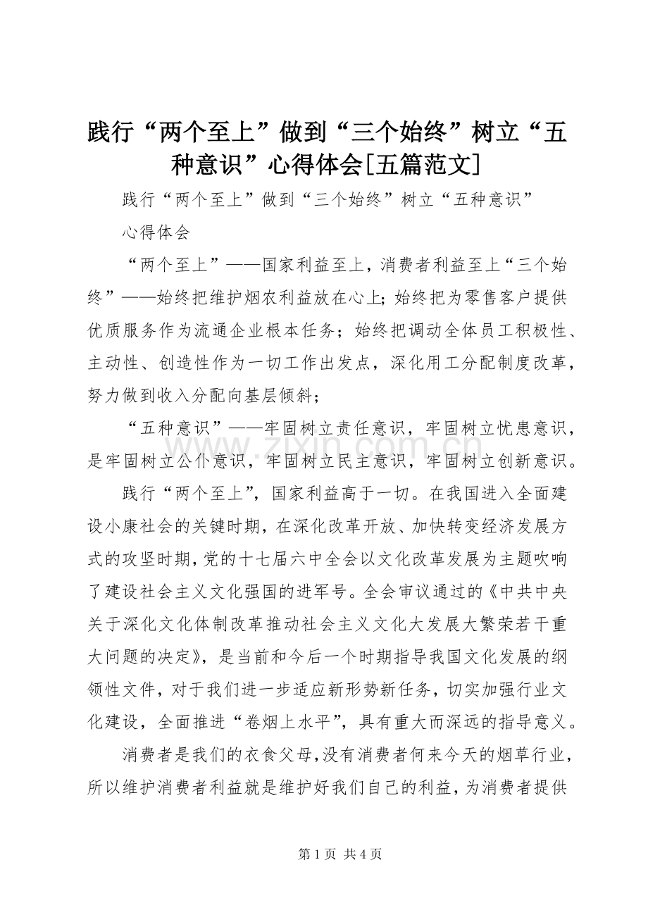 践行“两个至上”做到“三个始终”树立“五种意识”心得体会[五篇范文].docx_第1页