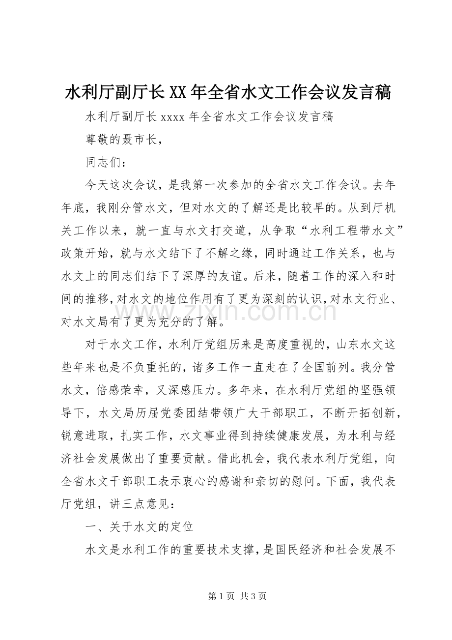 水利厅副厅长XX年全省水文工作会议发言稿.docx_第1页
