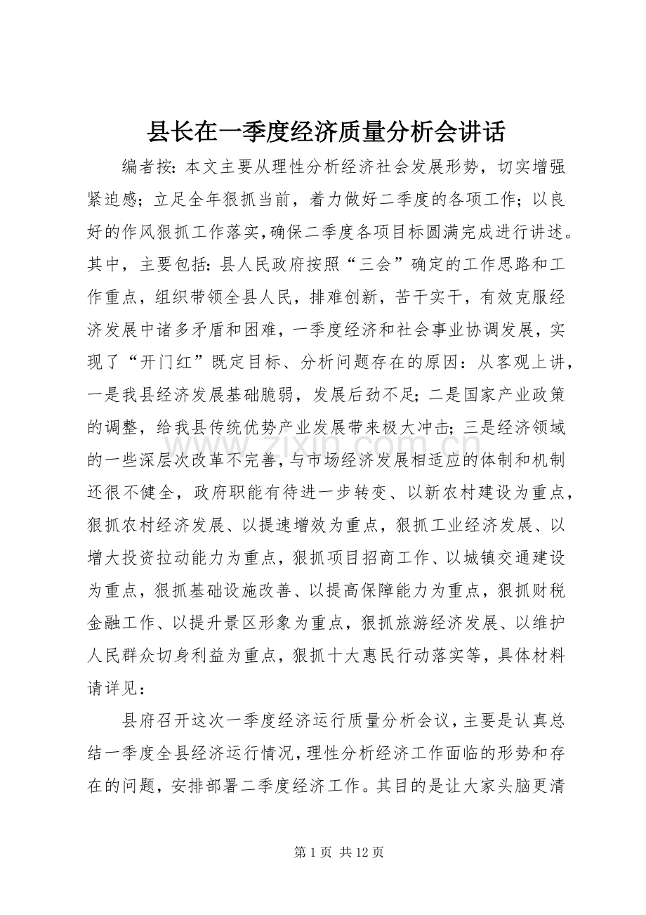 县长在一季度经济质量分析会讲话.docx_第1页