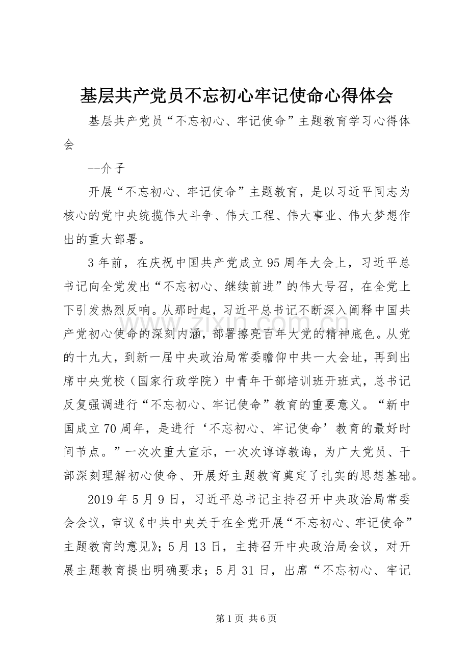 基层共产党员不忘初心牢记使命心得体会.docx_第1页