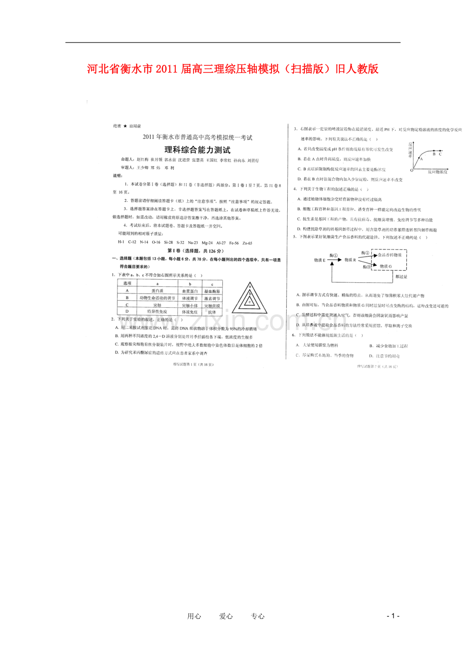 河北省衡水市2011届高三理综压轴模拟(扫描版)旧人教版.doc_第1页