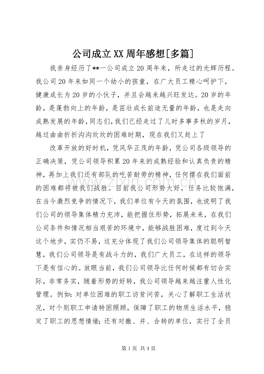 公司成立XX周年感想[多篇].docx_第1页