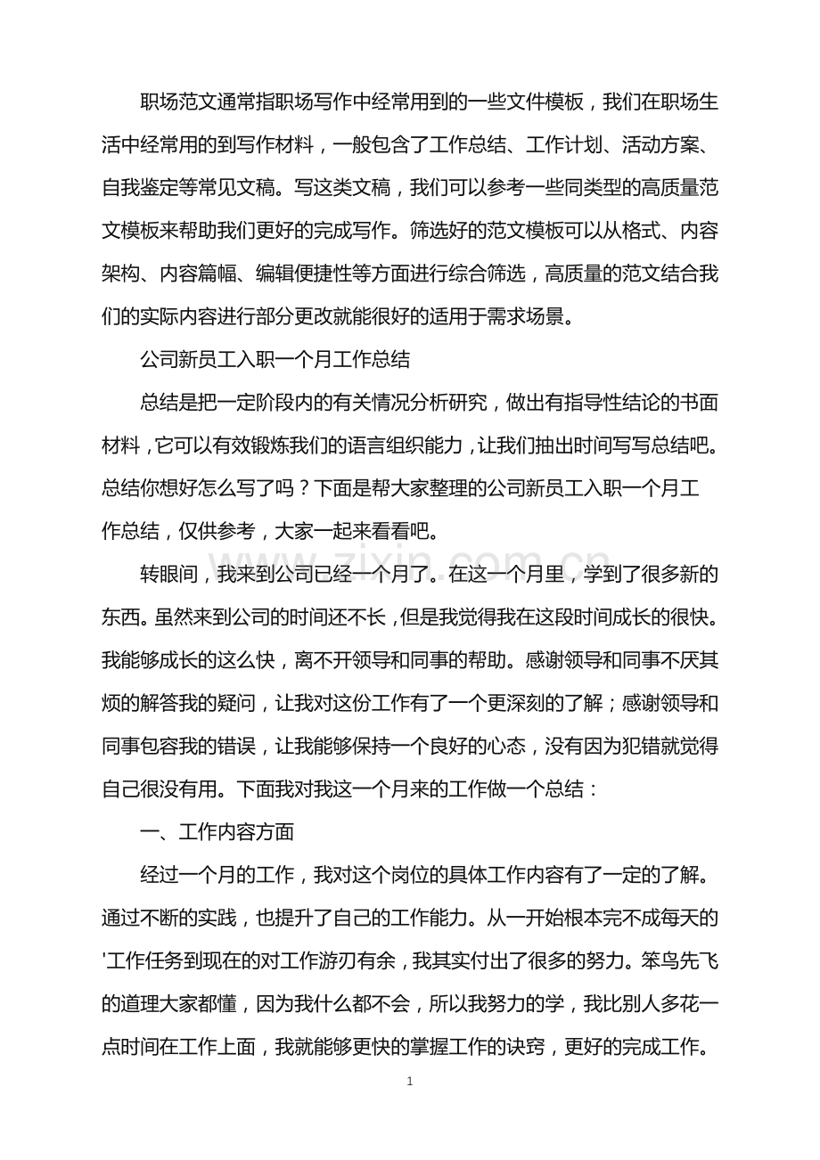 2022年公司新员工入职一个月工作总结.doc_第1页