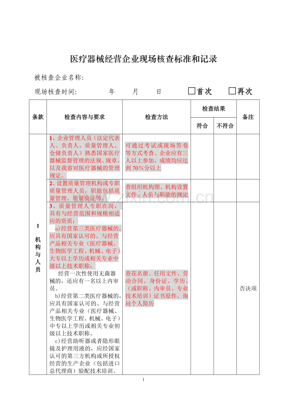 医疗器械经营企业现场核查标准和记录.doc_第1页