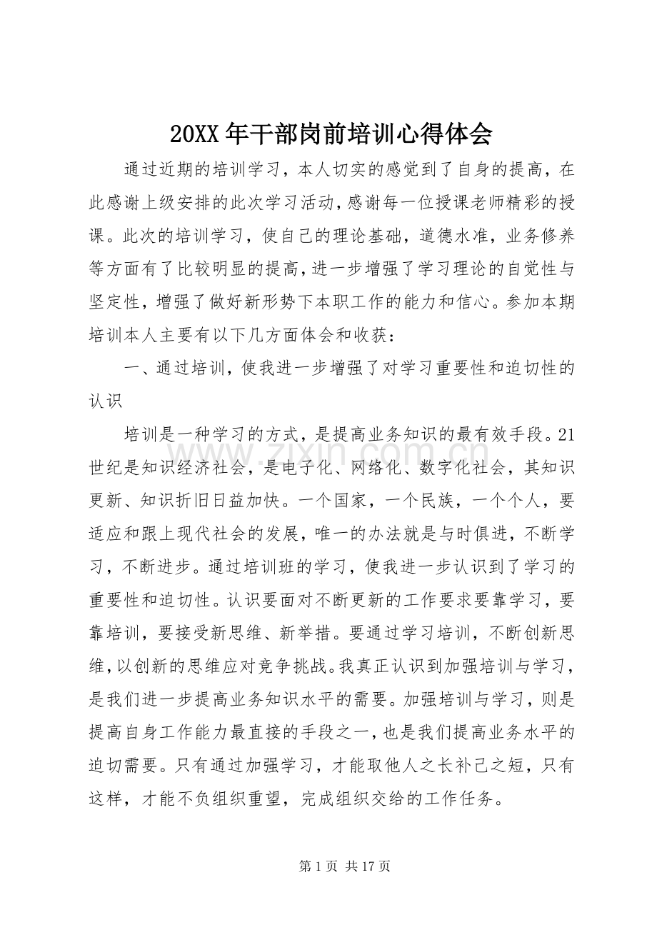 20XX年干部岗前培训心得体会.docx_第1页