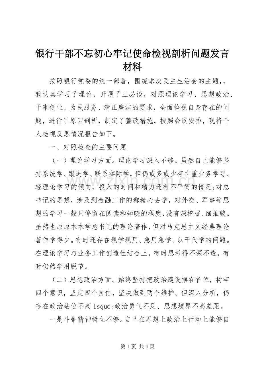 银行干部不忘初心牢记使命检视剖析问题发言材料.docx_第1页