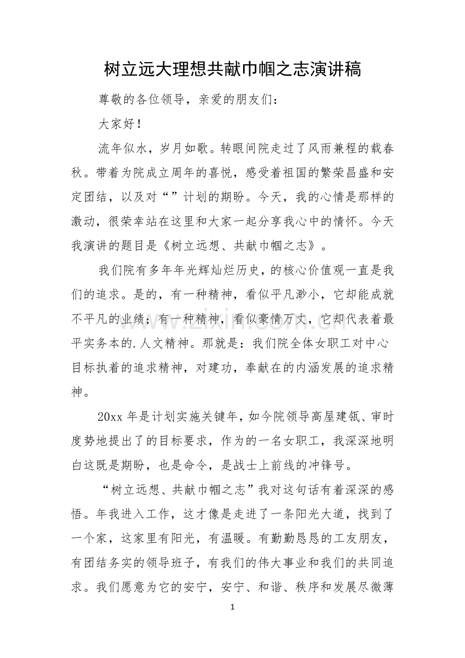 树立远大理想共献巾帼之志演讲稿.docx_第1页
