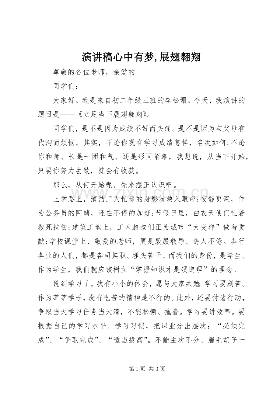 演讲稿心中有梦,展翅翱翔.docx_第1页