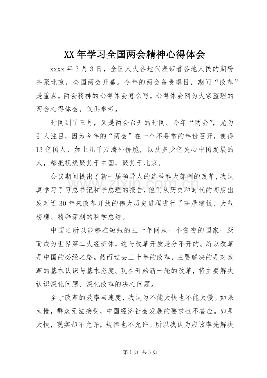 XX年学习全国两会精神心得体会.docx_第1页