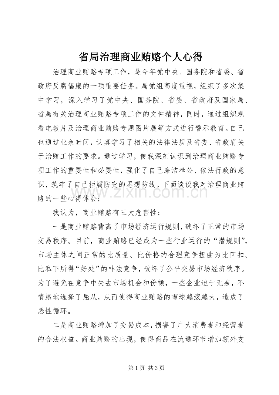 省局治理商业贿赂个人心得.docx_第1页
