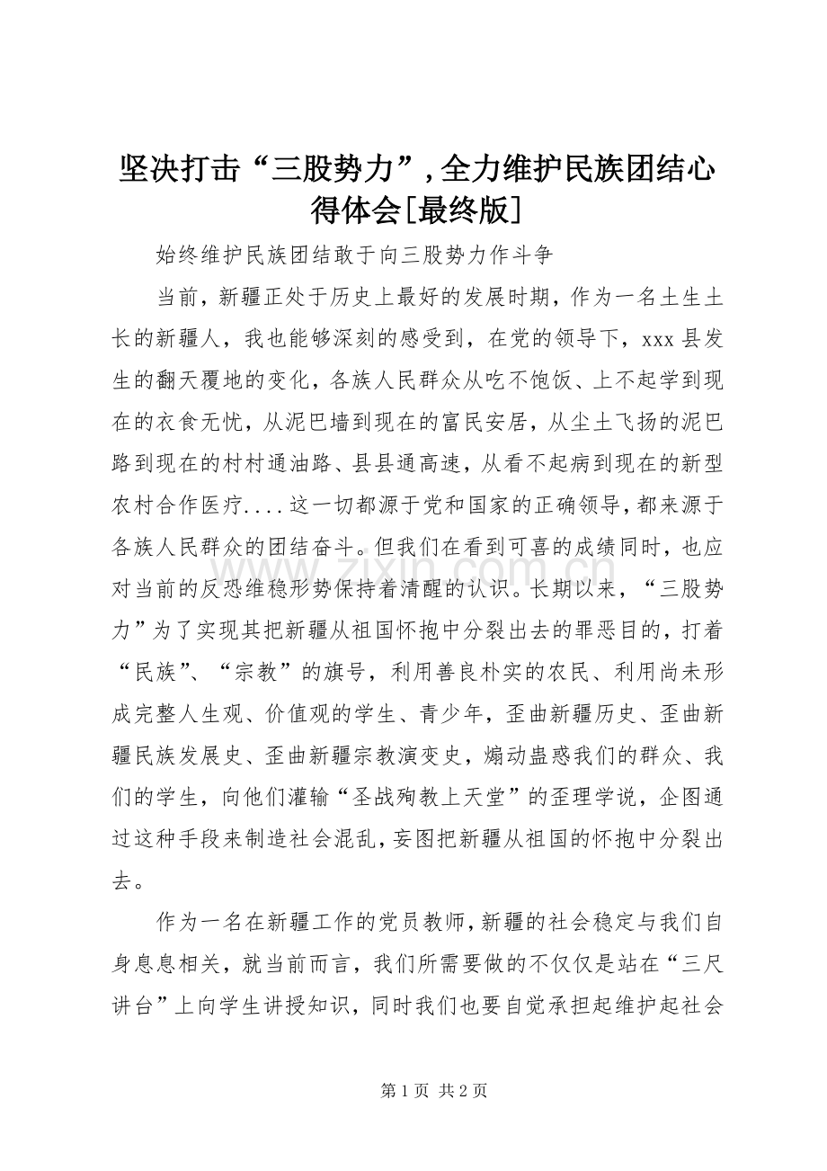 坚决打击“三股势力”,全力维护民族团结心得体会[最终版].docx_第1页