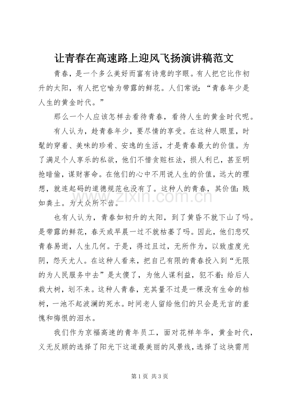 让青春在高速路上迎风飞扬演讲稿范文.docx_第1页