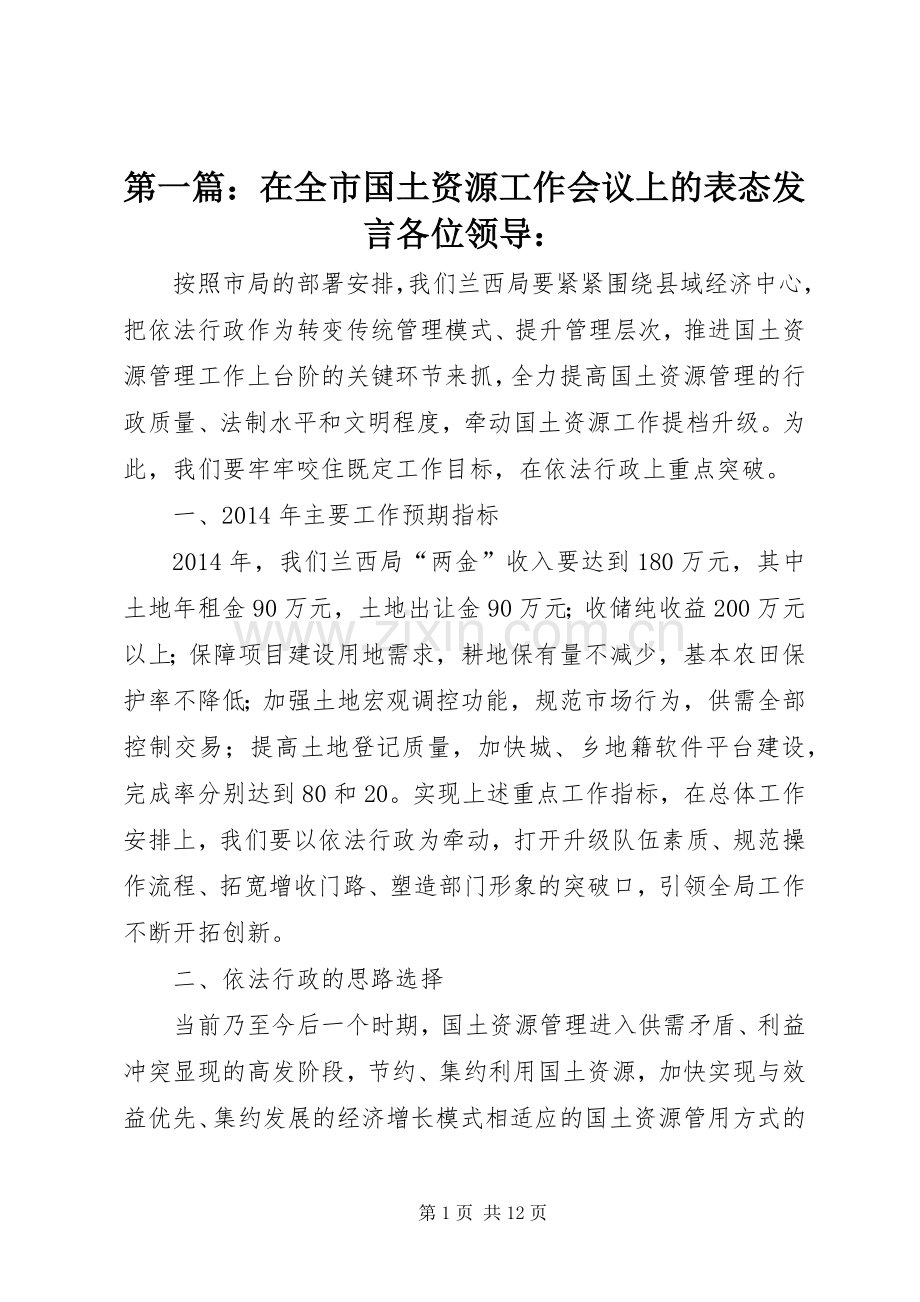 第一篇：在全市国土资源工作会议上的表态发言各位领导：.docx_第1页