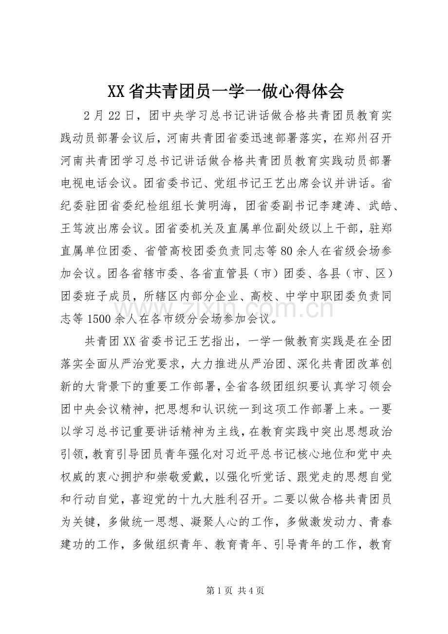 XX省共青团员一学一做心得体会.docx_第1页